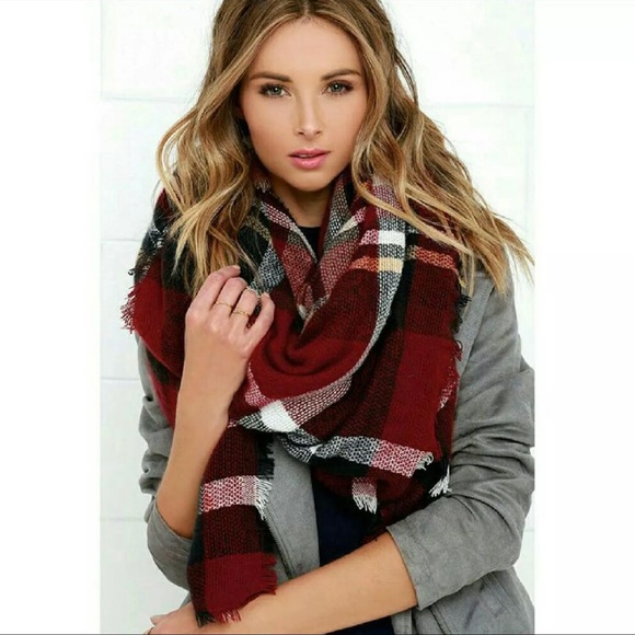 New Red Plaid Tartan Oversized Blanket Scarf - Picture 2 of 4